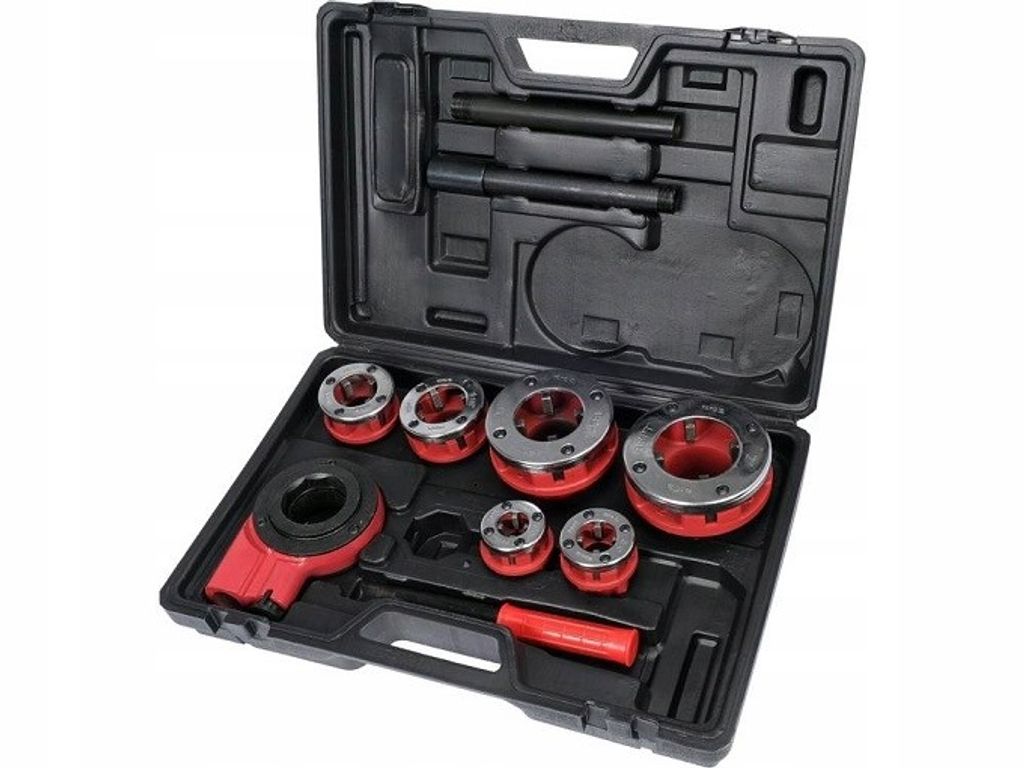 A black plastic case containing a set of pipe threading dies and a handle.