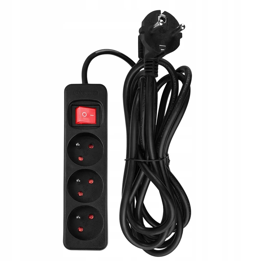 Multiprise 3 Prises Noire avec Interrupteur et Protection Accidentelle 3m