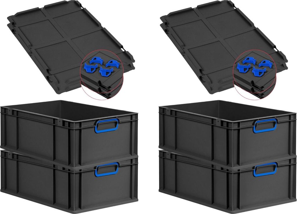 SuperSparSet 4x Eurobox NextGen Color mit Auflagedeckel und Schiebeschnappverschlüsse | HxBxT 22x40x60cm | 44 Liter | Schwarz | Griffe blau geschl...