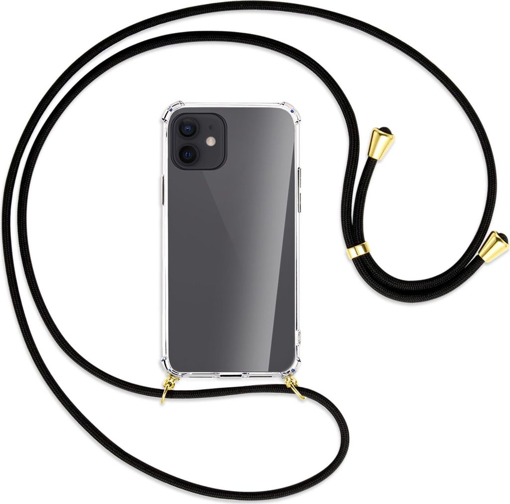 Handykette Backcover-Schutzhülle mit Band (Metall goldfarben) für Apple iPhone 12, 12 Pro - schwarz