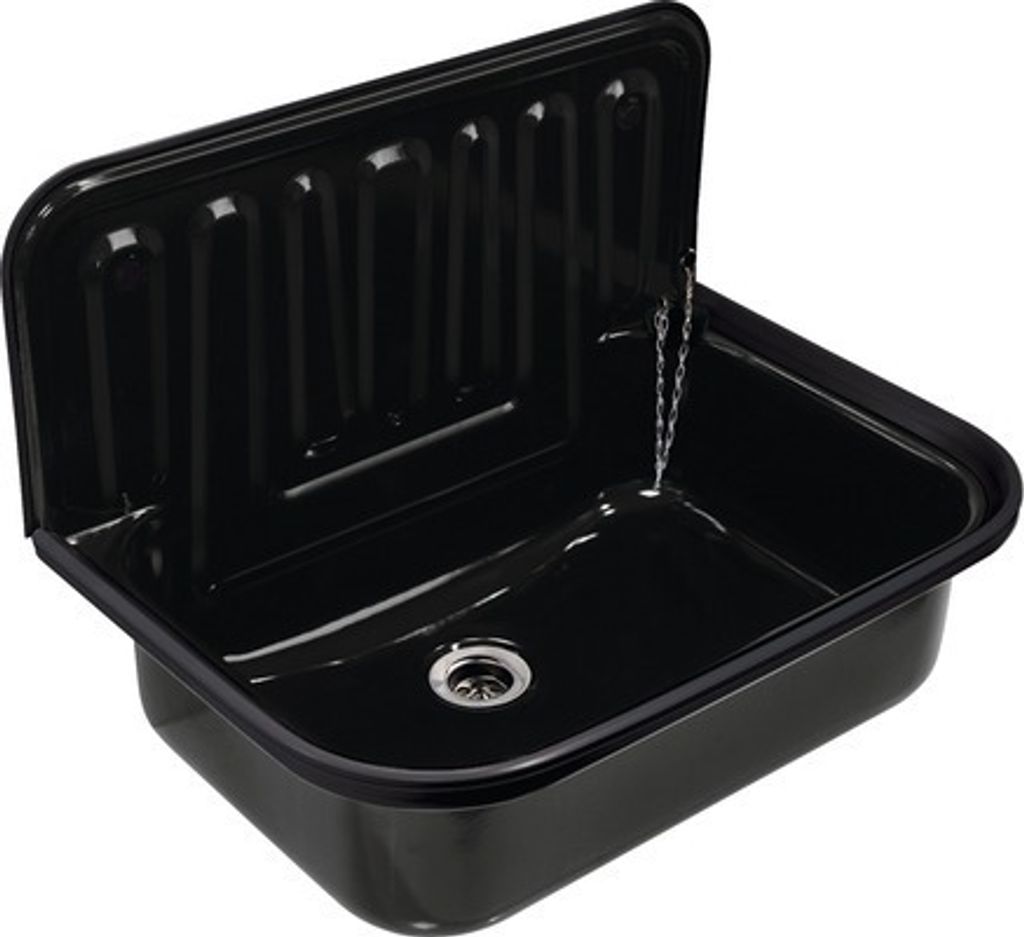 A black sink with a ribbed backsplash and a drain.