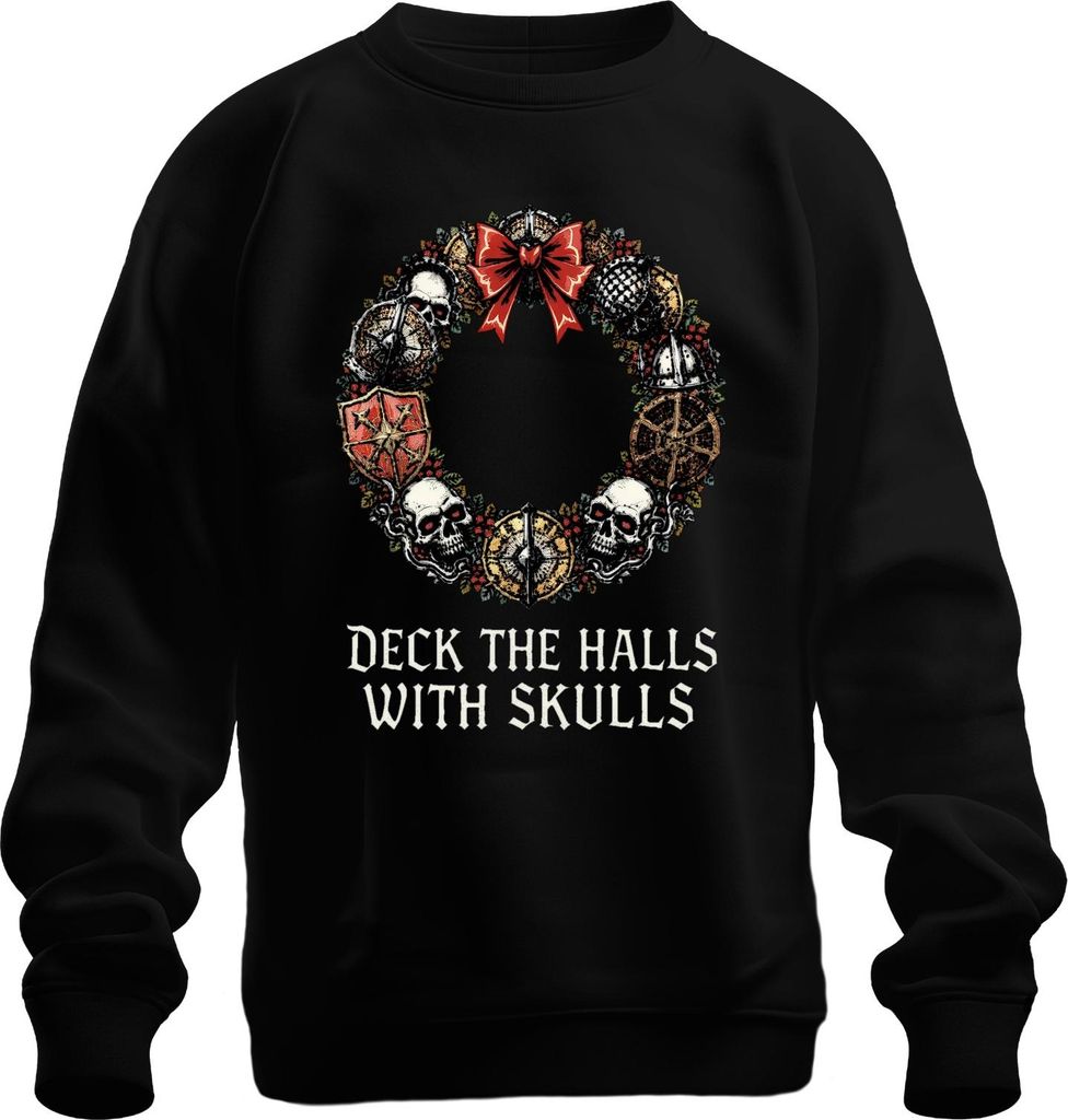 Deck The Halls With Skulls Totenkopf Weihnachtskranz düster Uni Sweatshirt Pullover, Schwarz, S