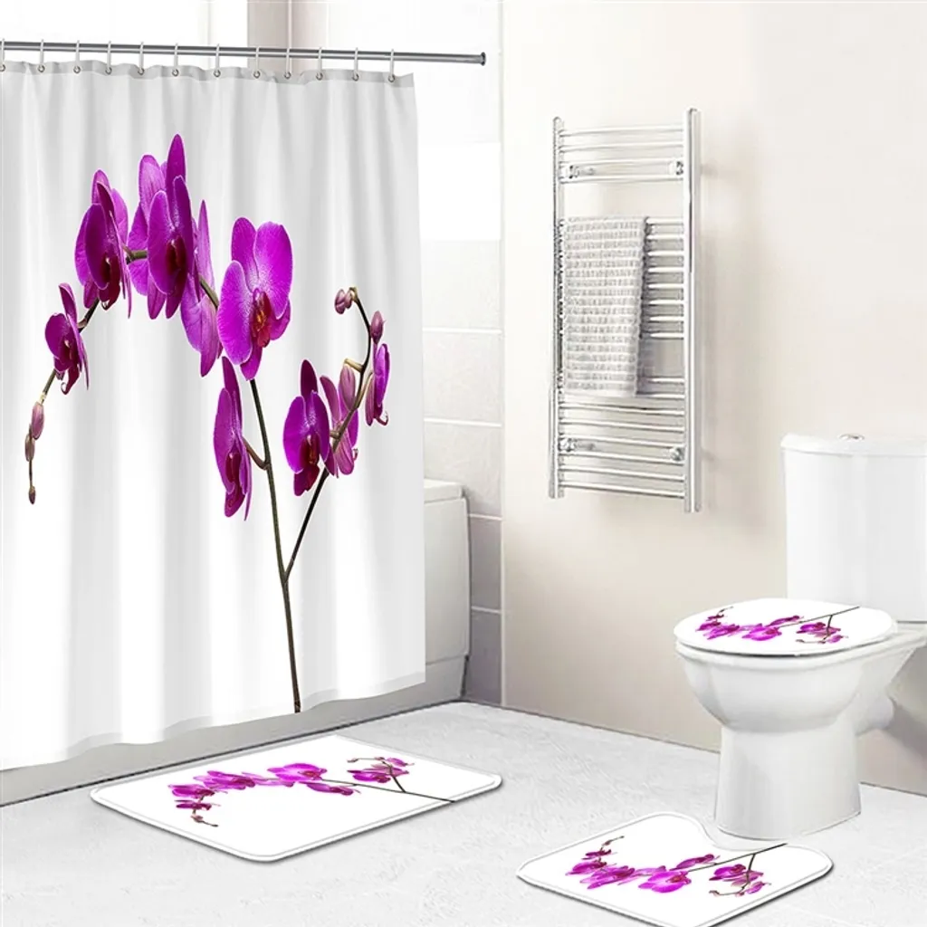 Set da bagno di 4 pezzi con tenda da doccia impermeabile, tappetino da bagno, tappetino da toilette e copriwater, stile 6
