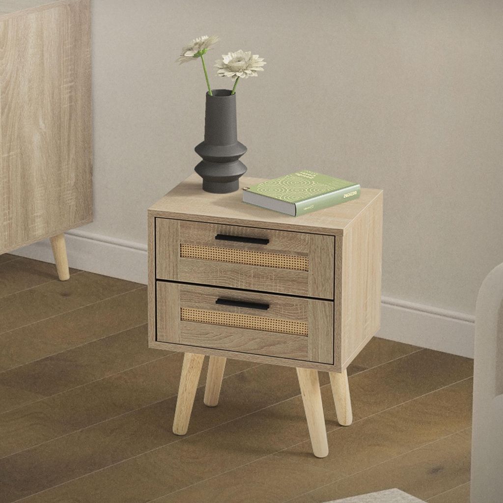 ML-Design Nachttisch mit 2 Schubladen, 40x50,5x30 cm, Eiche Optik, Nachtschrank mit Rattanfront & Massivholzfüßen für Boxspringbett Schlafzimmer