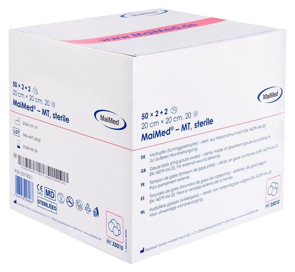 MaiMed-MT-steril 20x20cm Mulltupfer zu 50 Pack. (2+2)/Box (pflaumengroß) | Box (200 Stück)
