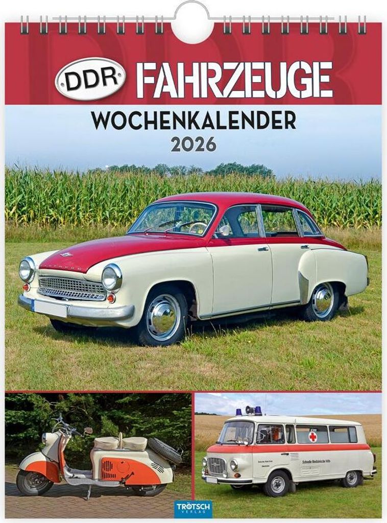 A collage of vintage East German vehicles, including a car, a scooter, and an ambulance van.