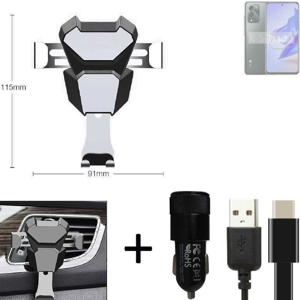 K-S-Trade Lüftungsschlitz Halterung kompatibel mit ZTE Voyage 70 Lüftungshalterung Lüftungsgitter schwarz-silber Auto-Halterung Smartphone Halter