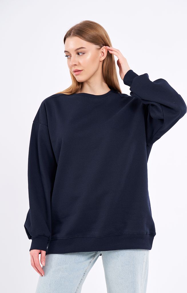 COMEOR Sweatshirt Damen Bequemer Oversize Pullover aus Baumwolle, Langarmshirt als Basic Pulli ohne Kapuze Regular Fit (Dunkelblau 2XL)