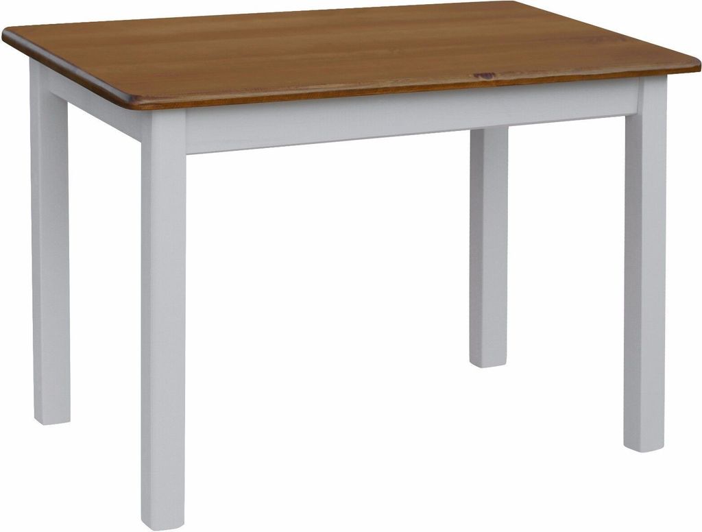 A simple, rectangular wooden table with a brown top and white legs, set against a white background.