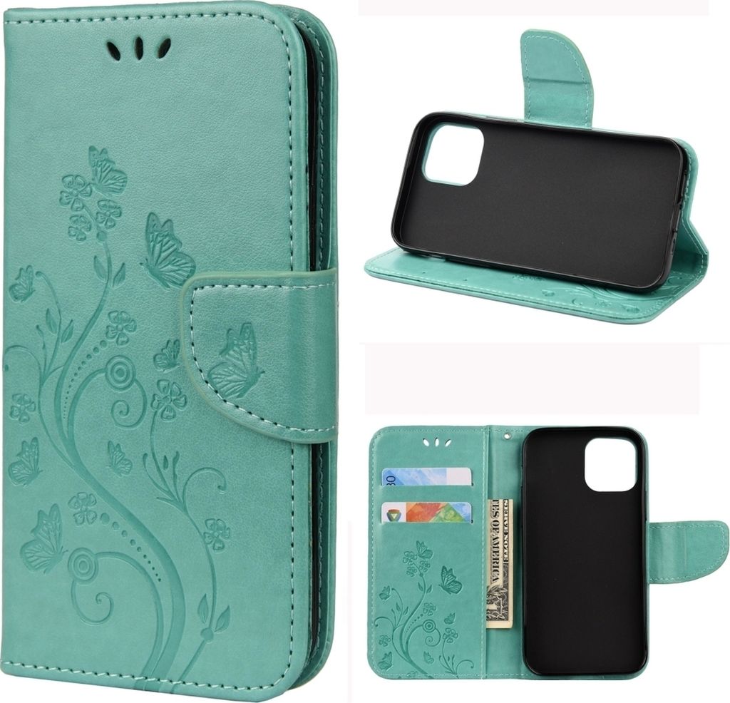 Mobigear Flowers iPhone 12 Mini Hülle Klapphülle Geldbörse - Türkis