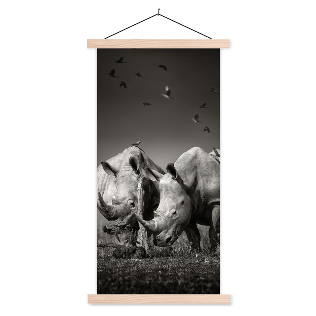 MuchoWow Textilposter Nashorn - Vogel - Tiere - Landschaft - Schwarz-Weiß 60x120 cm mit holzfarbenen Rahmen - Holz