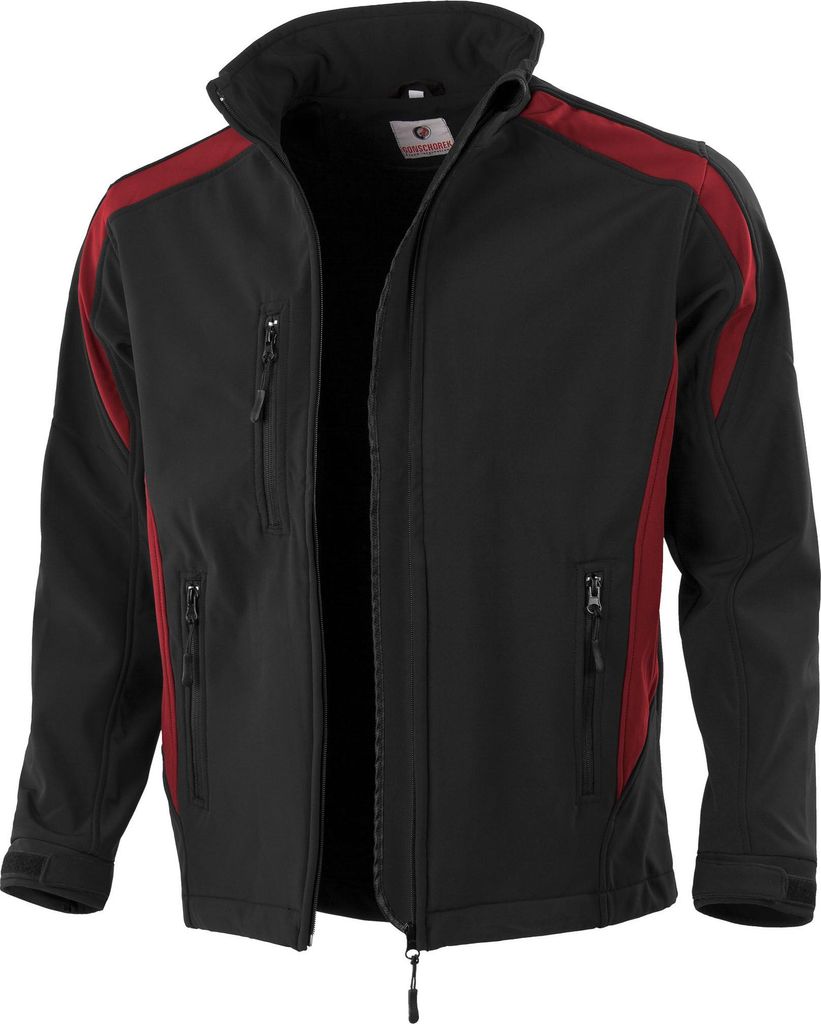 Qualitex Softshelljacke - wasserabweisende Outdoor-Arbeitsjacke - atmungsaktive Übergangsjacke - in Farbe: schwarz/rot - Herren: 4XL - Damen: 60