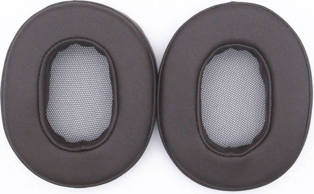 Two brown ear pads for headphones are shown against a white background.