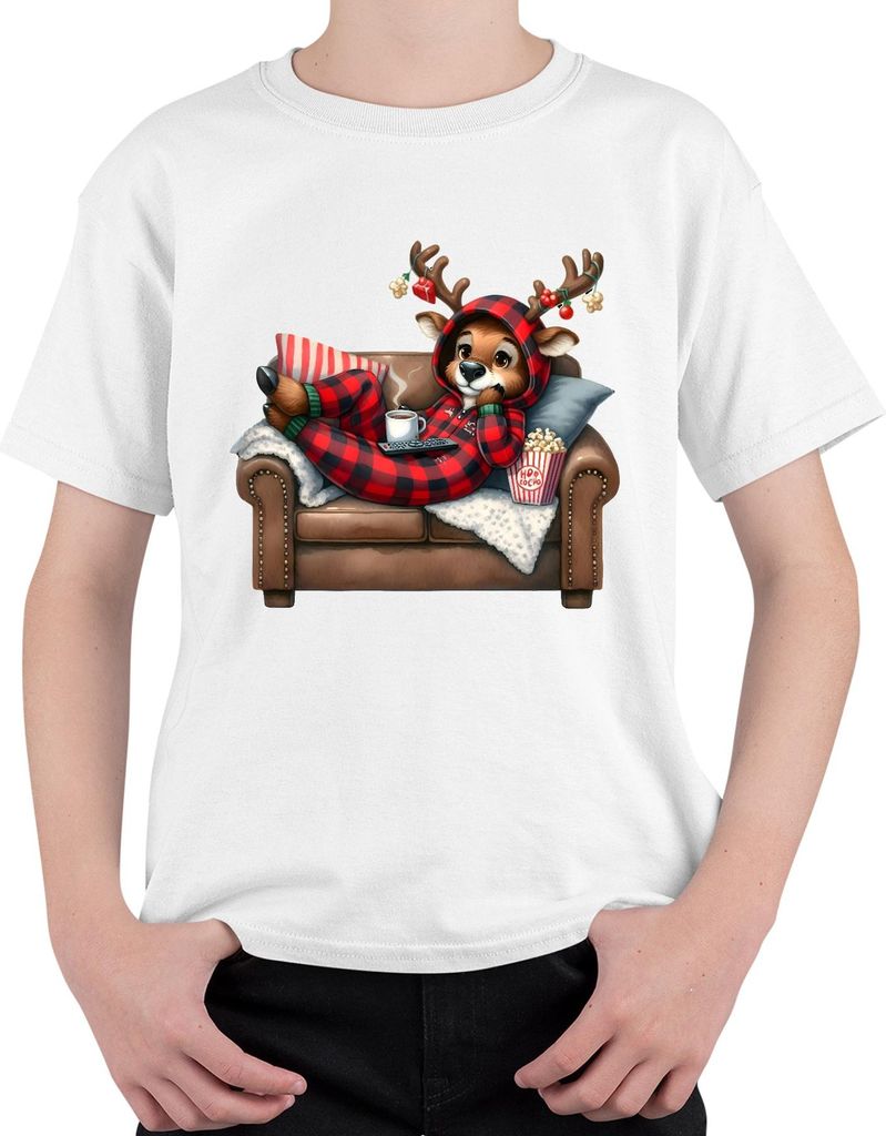 Rentier Karo Schlafanzug gemütlich Weihnachten Kinoabend Geschenk Uni Kinder T-Shirt, Weiß, 128