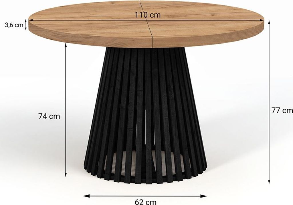 A round table with a wooden top and a black, slatted pedestal base is shown against a white background, with dimensions indicated by lines and text.