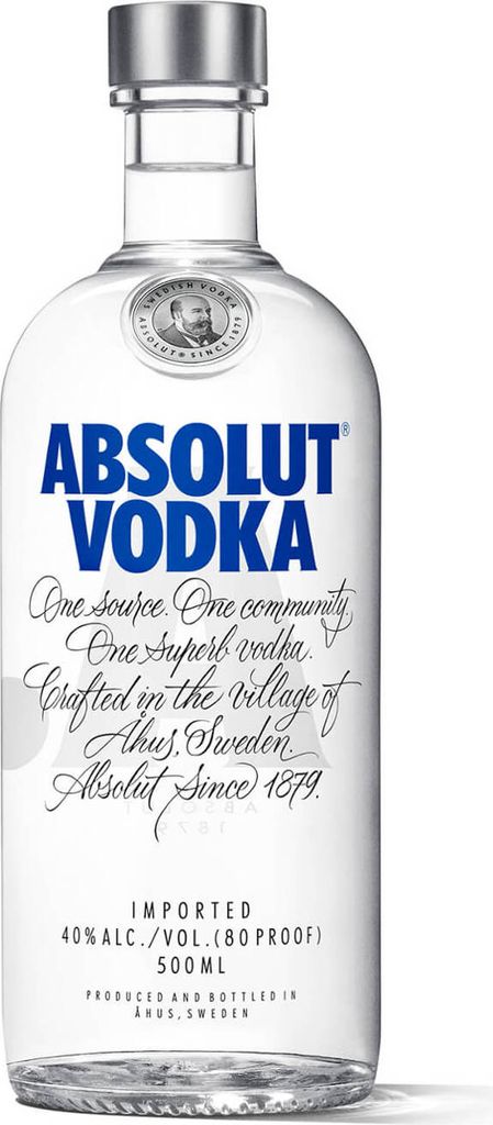 A clear, well-lit studio shot of an Absolut Vodka bottle against a white background.