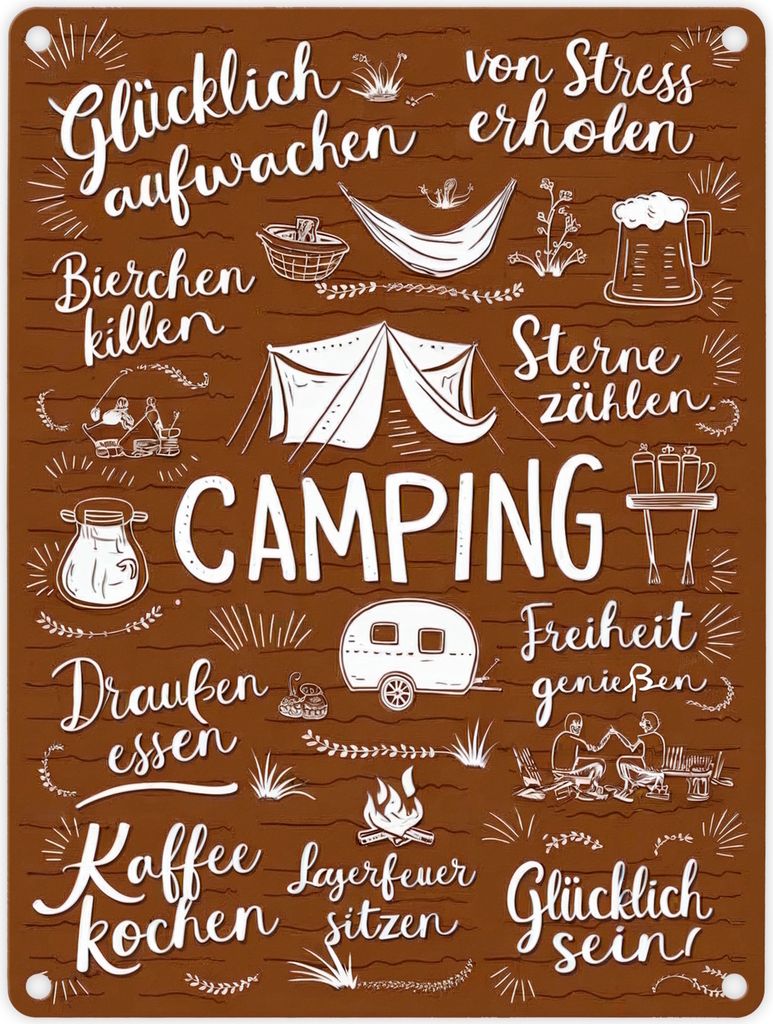 Camping Metallschild in 15x20 cm mit Spruch Glücklich sein, Freiheit genießen,