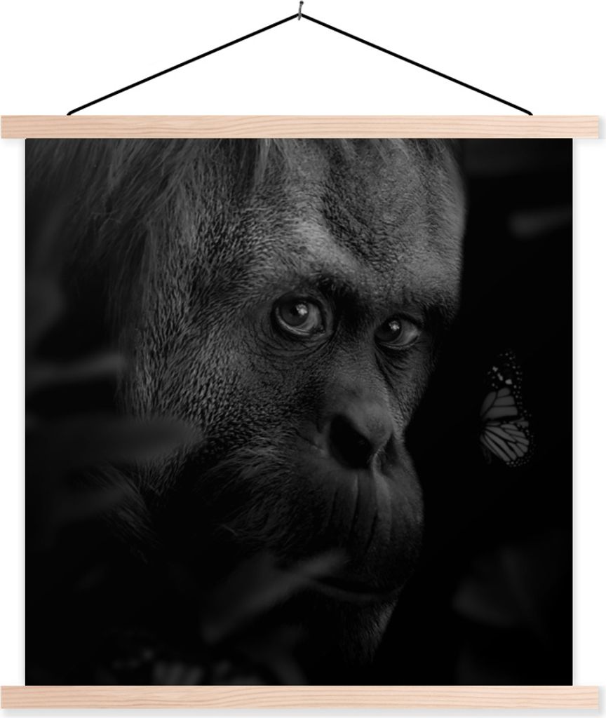 MuchoWow Textilposter Tiere - Affe - Natur - Schwarz - Weiß 60x60 cm mit holzfarbenen Rahmen - Wanddekoration