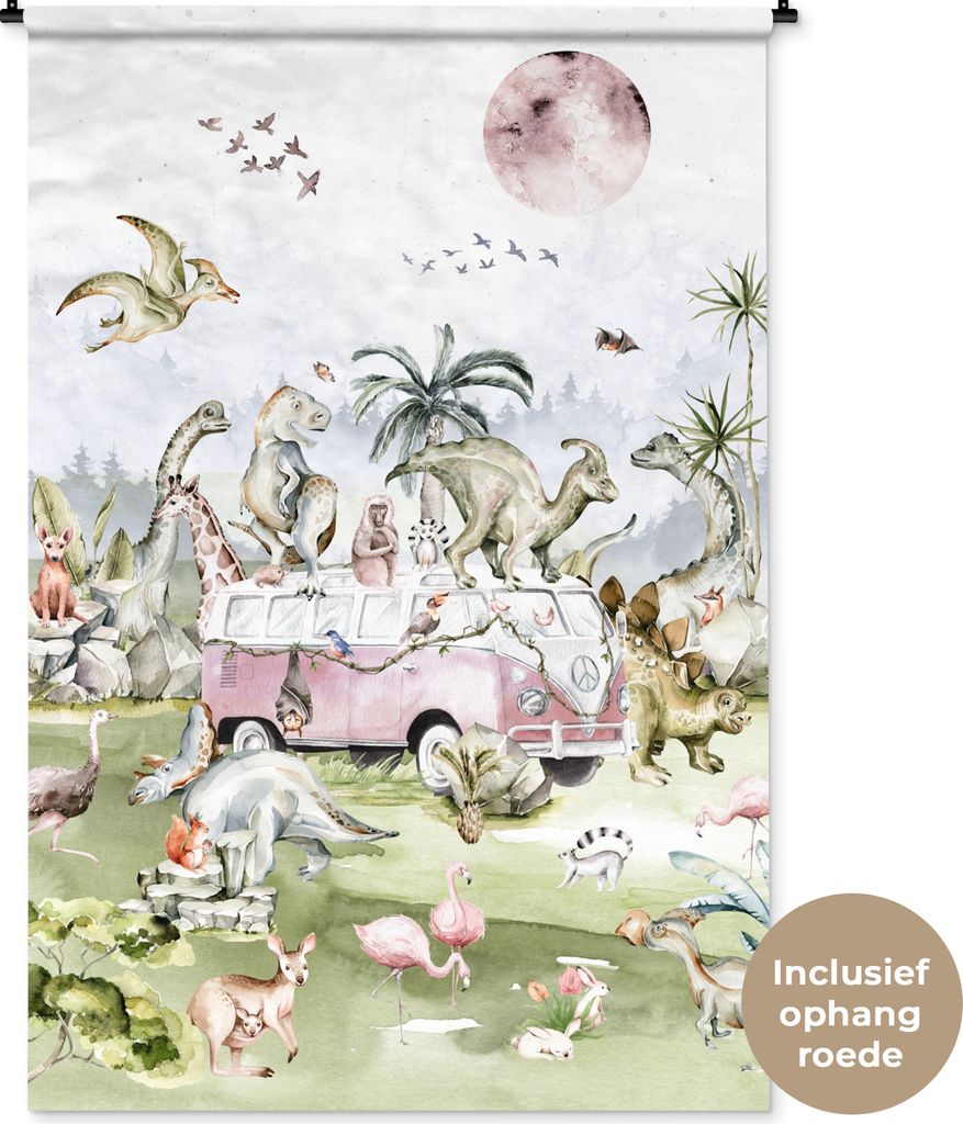 MuchoWow Wandteppich Wandbehang Dinosaurier - Kinder - Bus - Bäume - Tiere - Kinder 120x180 cm Tapisserie Dekoration Wandtuch - Schlafzimmer - D...
