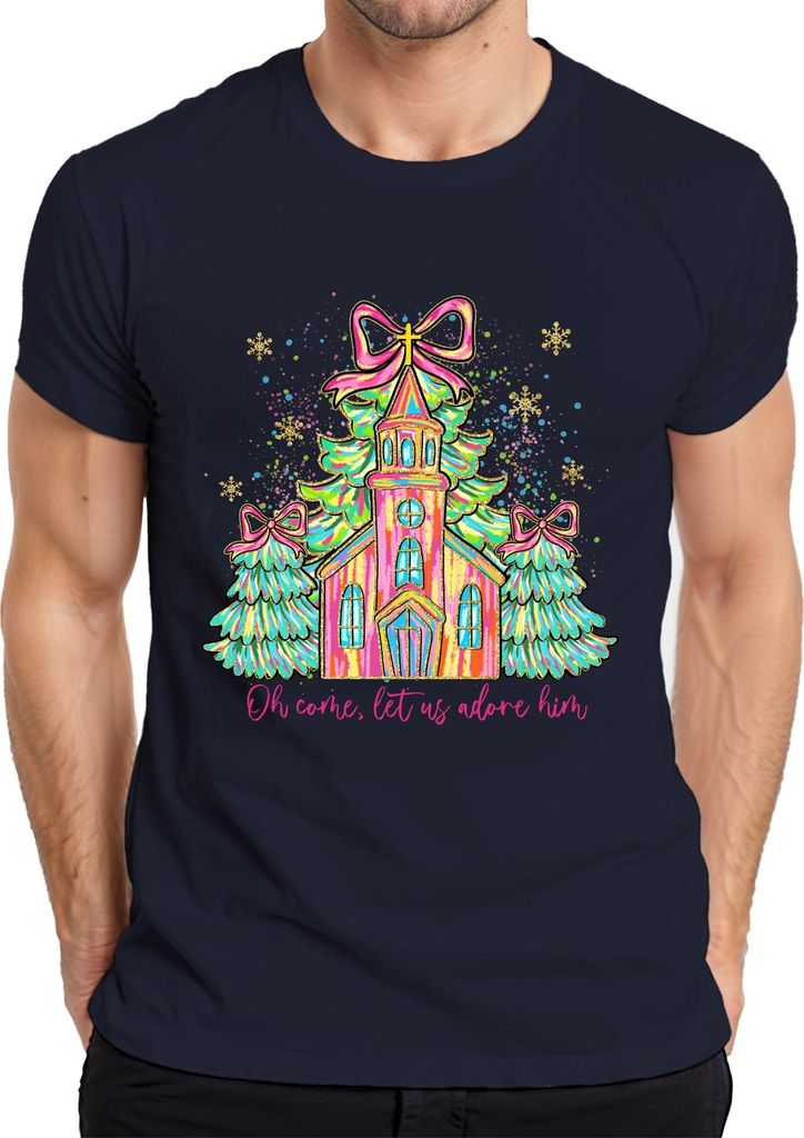 Oh Come Let Us Adore Him Kirche Tannenbaum Schleife Weihnachten Herren T-Shirt, Navy, XL