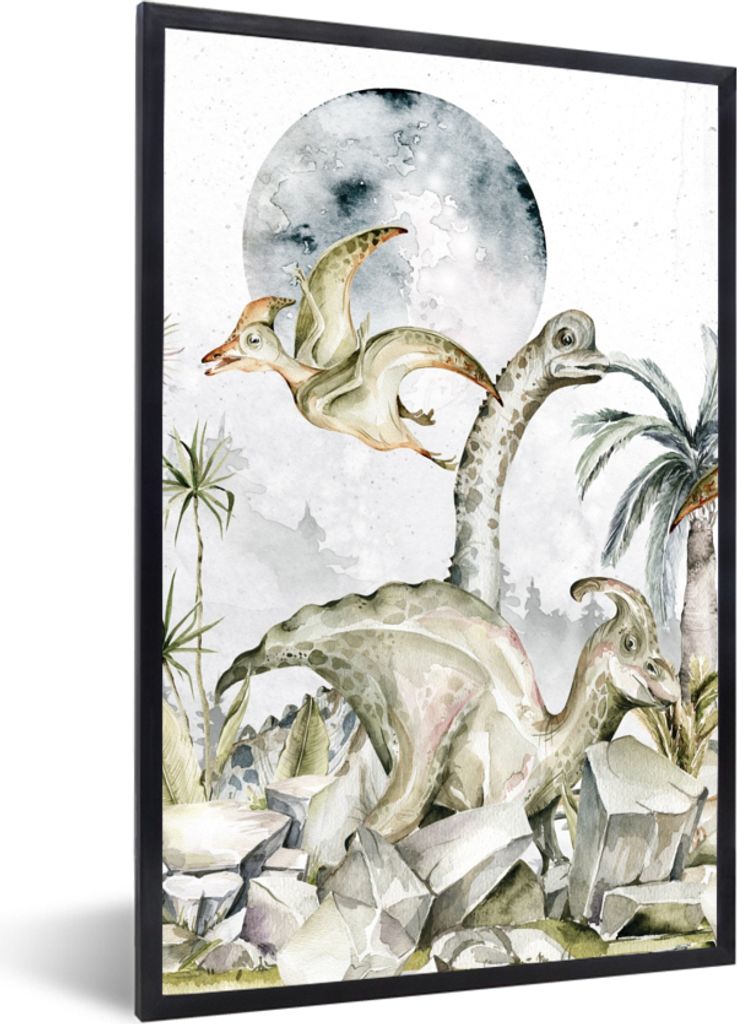 MuchoWow Gerahmtes Poster Dinosaurier - Kinder - Dschungel - Grün - Tiere - Natur 60x90 cm - Poster mit Schwarzem Bilderrahmen Wandposter Rahmen...