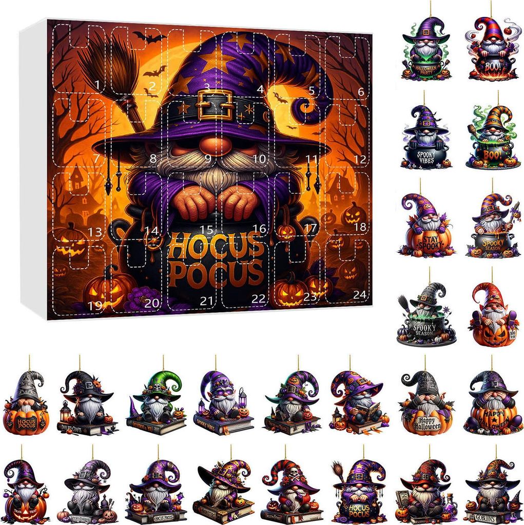 Halloween-Gnom-Adventskalender 2025, 2D-Acryl-Hängeornamente, 24-Tage-Countdown-Kalender für die Weihnachtsdekoration
