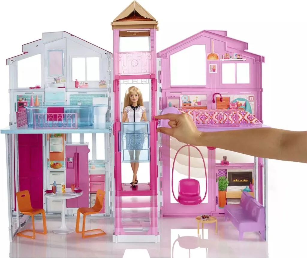 Maison Barbie à 3 étages avec ascenseur manuel et toit-terrasse chic
