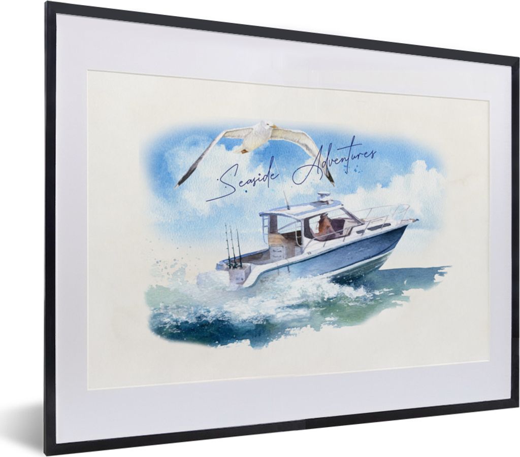 MuchoWow MuchoWow Gerahmtes Poster Boot - Vogel - Aquarell 40x30 cm - Poster mit zchwarzem Bilderrahmen - Bilderrahmen - Poster im Rahmen