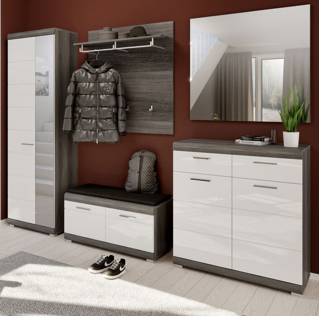 Garderobe Set 5-teilig "Shawn" weiß Hochglanz und Rauchsilber grau mit Sitzkissen