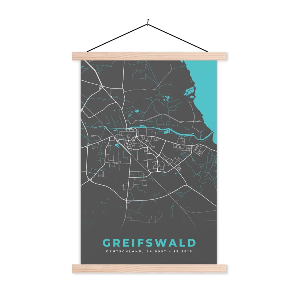 MuchoWow Textilposter Stadtplan - Karte - Greifswald - Blau - Deutschland - Karte 60x90 cm mit holzfarbenen Rahmen - Textil