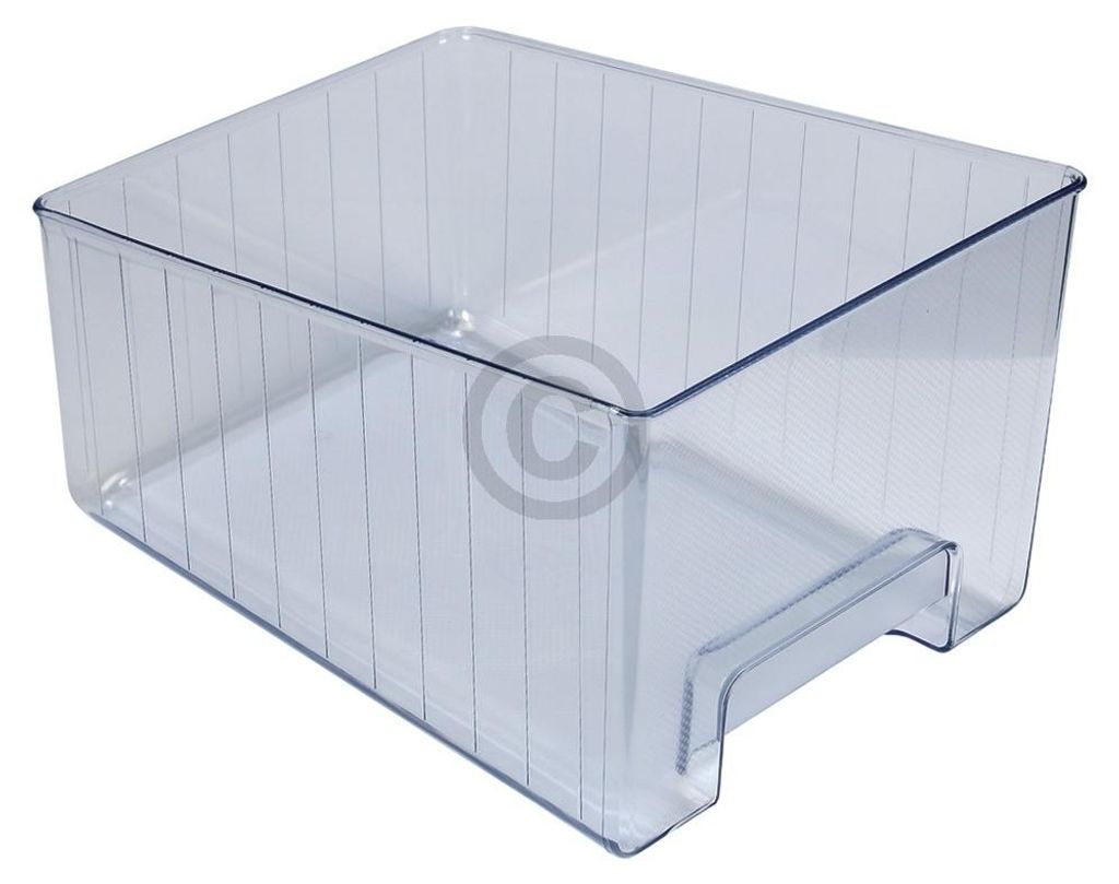 A clear plastic drawer for a refrigerator.