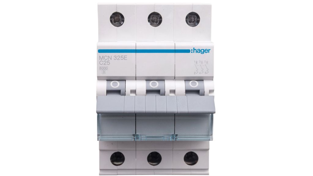 A front view of a three-pole circuit breaker.
