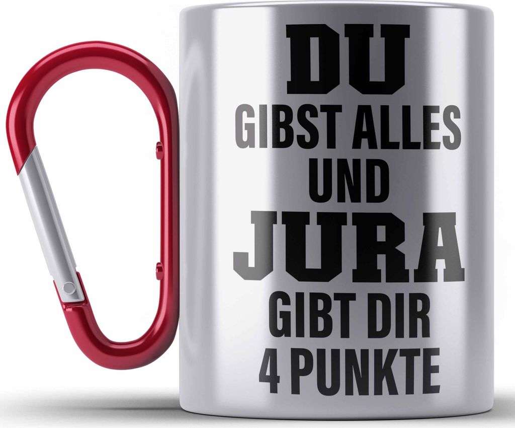 Trendation - Jura Geschenk Edelstahl Tasse Karabiner mit Spruch für Jurist Juristin Geschenkideen Lustig für Staatsexamen (Rot)