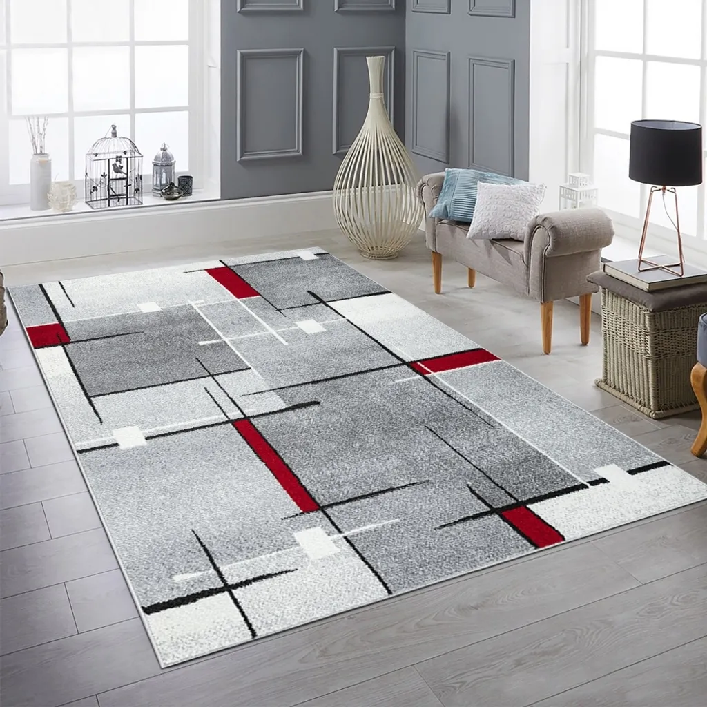 Tapis géométrique rouge et gris 120x160 cm en fibres douces et robustes