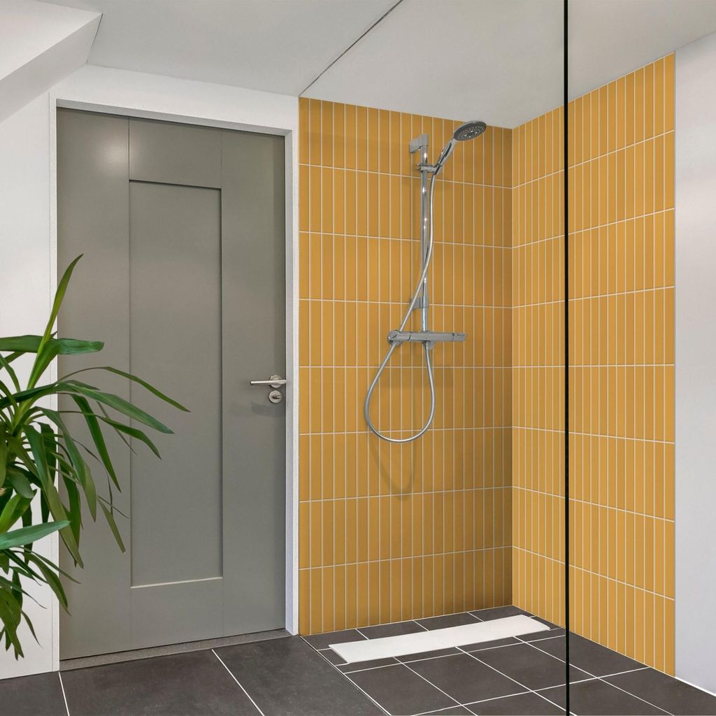 Duschrückwand mit Motiv selbstklebend - 0.35 mm Wandpaneel wasserfest Design orange Fliesenoptik Unifarben Badrückwand fugenlos Smart matt 80x19...