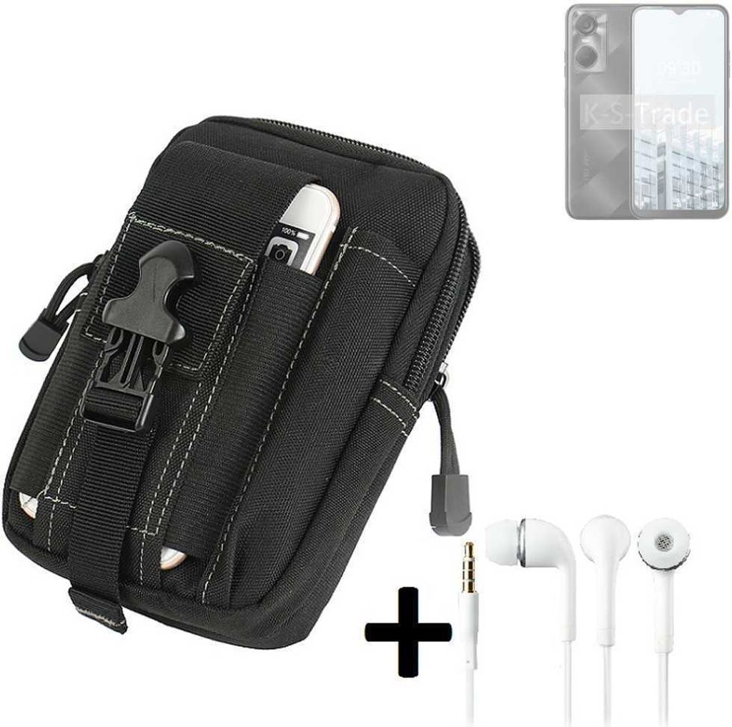 K-S-Trade Gürteltache + Kopfhörer kompatibel mit Tecno Pop 6 Pro Gürtel Tasche Holster Schutz Hülle Handy Hülle schwarz inkl. Extrafächer