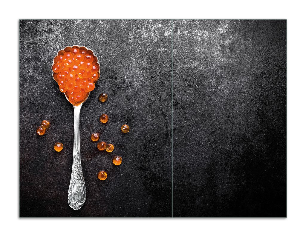 Wallario Herdabdeckplatte aus Glas, Größe 70 x 52 cm 2-teilig, Motiv Löffel mit rotem Kaviar