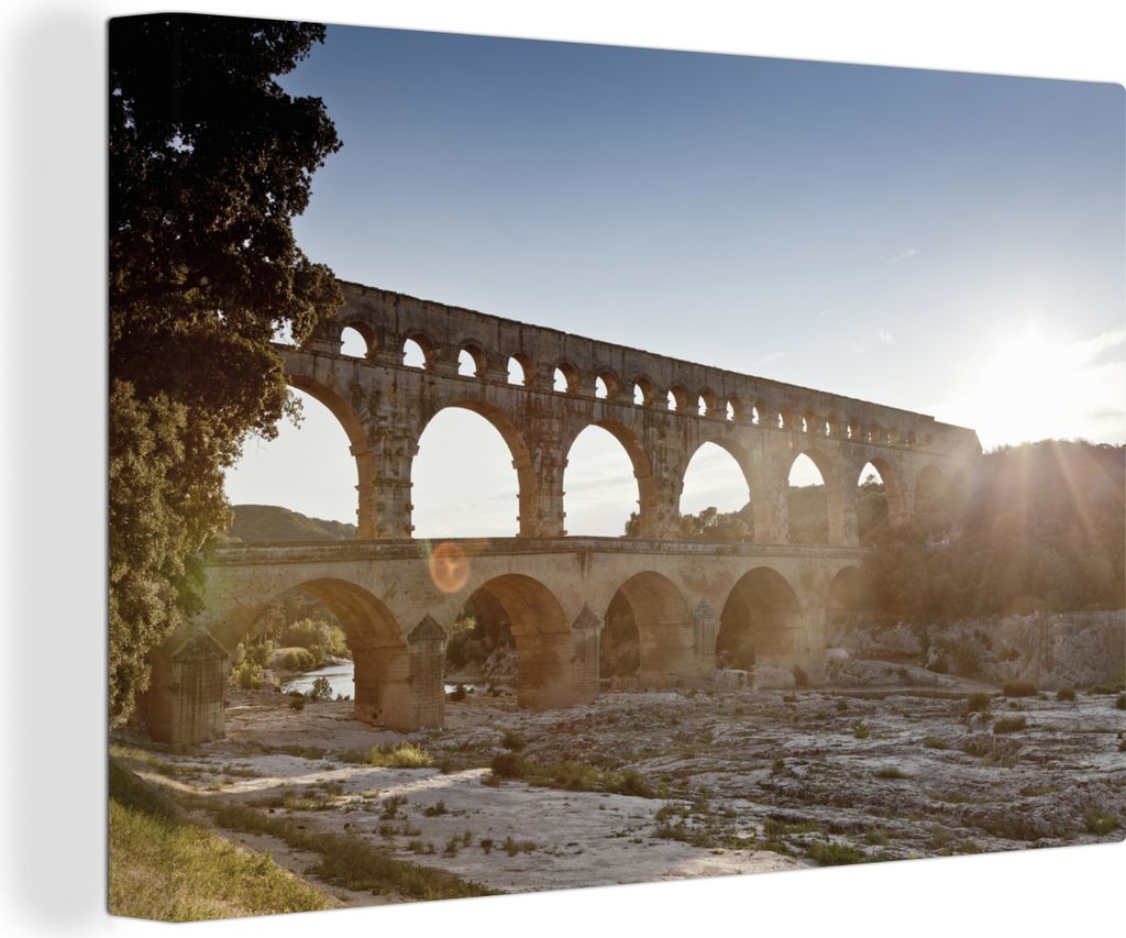 OneMillionCanvasses - Leinwandbilder - 140x90 cm, Fantastischer Sonnenuntergang über dem Pont du Gard in Frankreich, Wandbilder Kunstdruck Wandd...