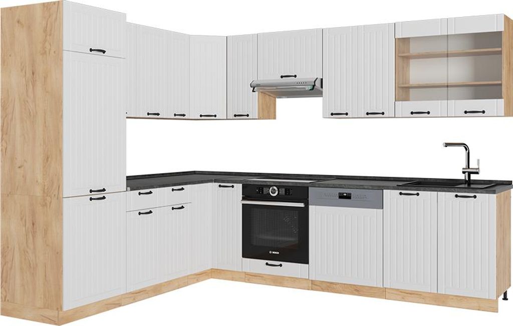 Vicco Eckküche Fame-Line, 287 x 46 cm ohne Arbeitsplatte, Weiß Landhaus/Goldkraft Eiche