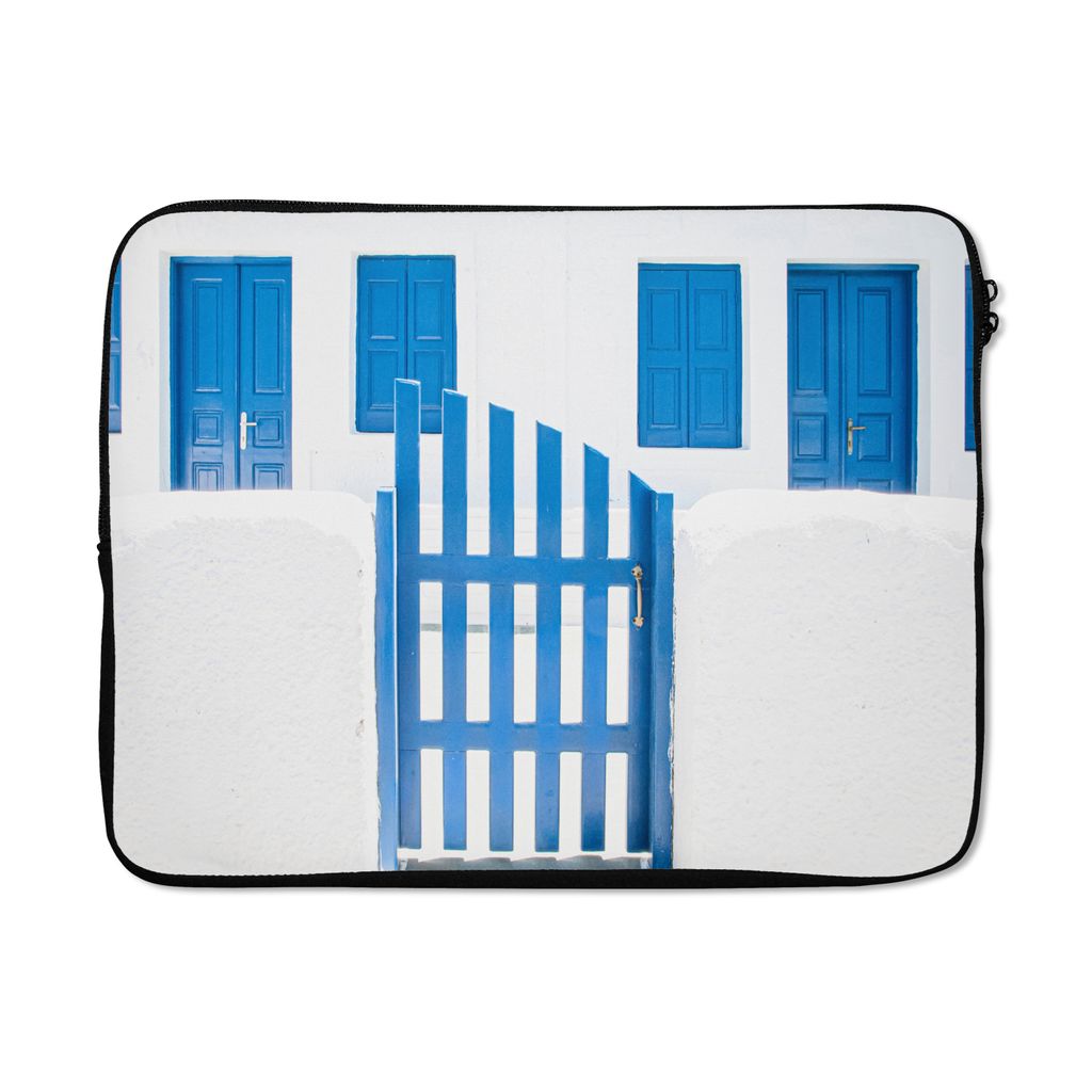 MuchoWow Laptop Hülle 17 Zoll Laptoptasche Architektur - Zaun - Weiß - Blau - Türen - Zipper - Schutzabdeckung