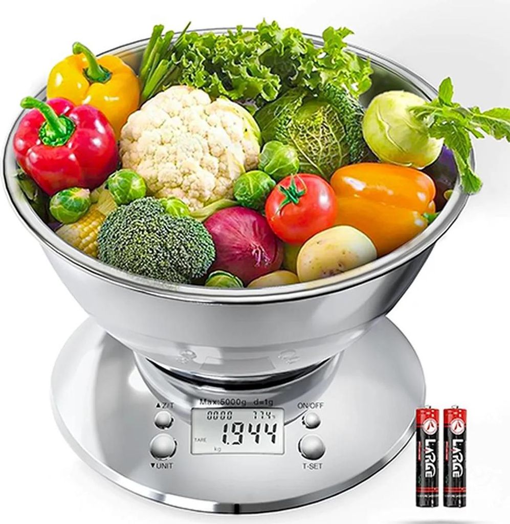 INF Digitale Küchenwaage Edelstahl mit Schüssel - 5000g Kapazität