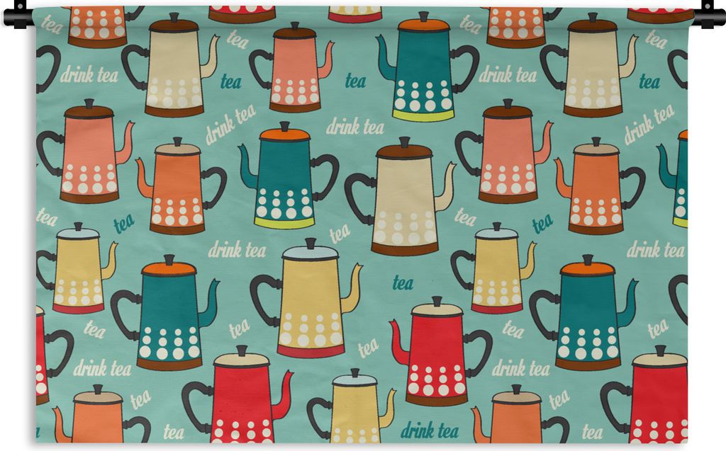 MuchoWow Wandteppich Wandbehang Muster - Tee - Teekanne - Vintage 90x60 cm Tapisserie Dekoration Wandtuch - Wandskulpturen - Bildteppich