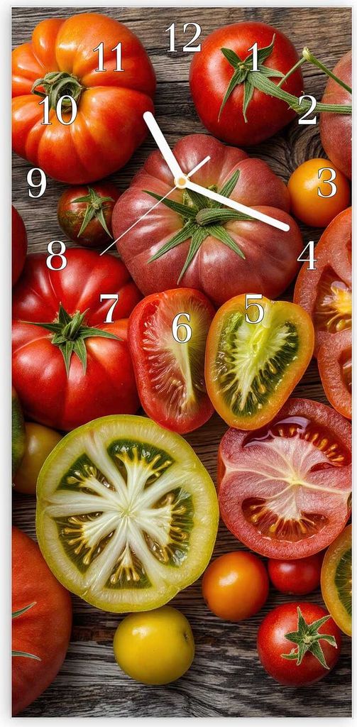 Wanduhr aus Glas mit Motiv Verschiedene Tomaten- 30 x 60 cm - inkl. Aufhängesystem
