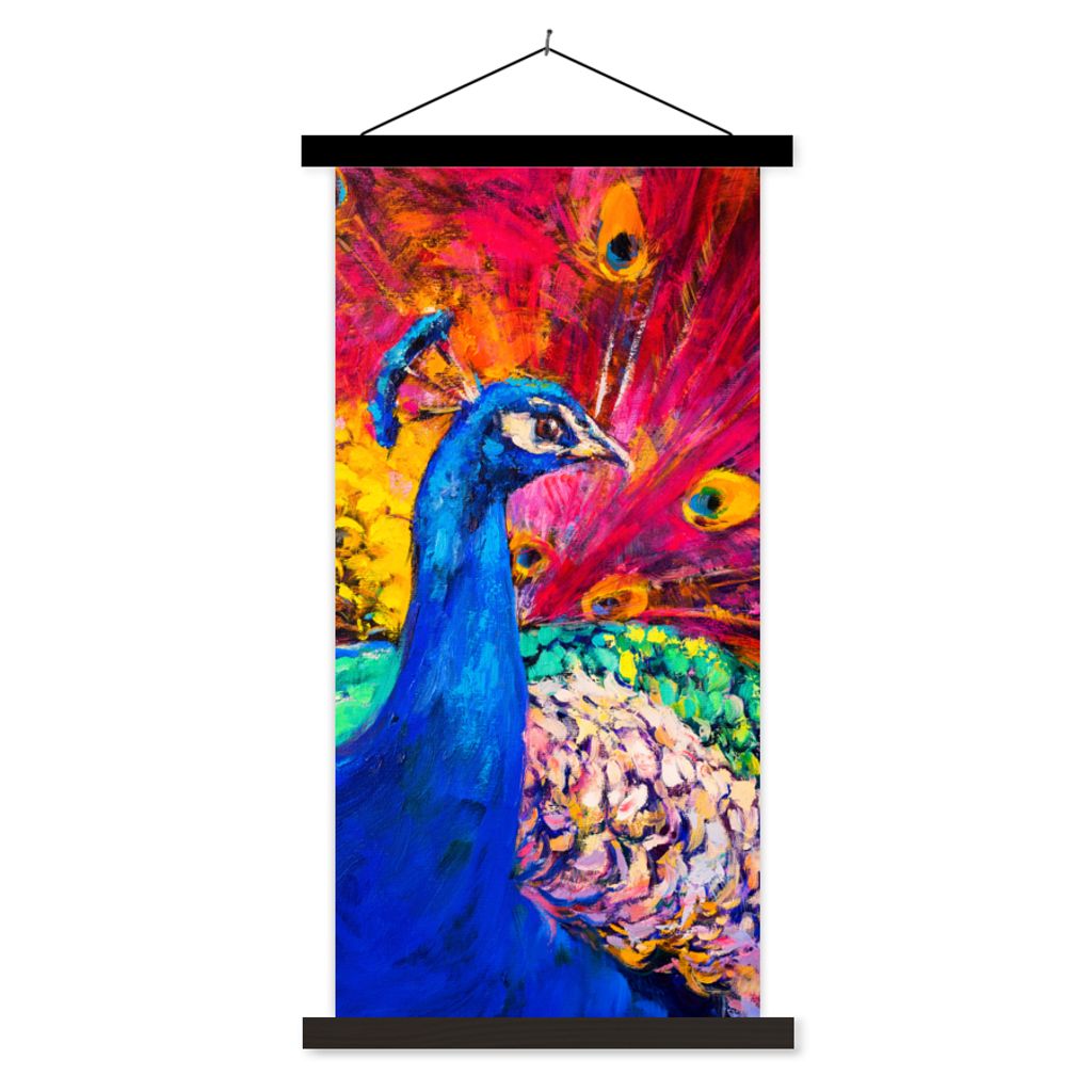 MuchoWow Textilposter Gemälde - Vogel - Pfau - Ölgemälde 40x80 cm mit schwarzem Rahmen - Wandemalerei