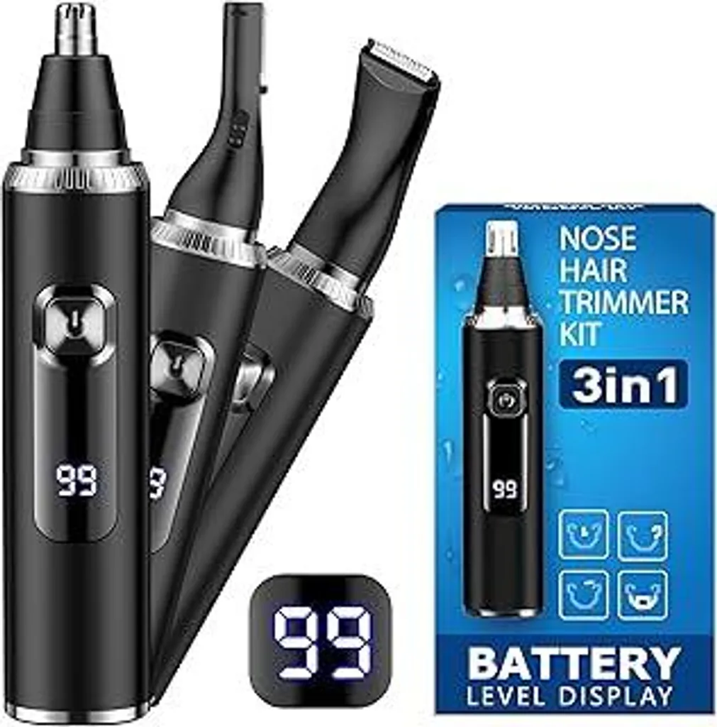 Tagliacapelli nasale da uomo, tagliacapelli nasale 3 in 1 con indicatore LED della batteria, tagliacapelli nasale USB-C, tagliacapelli auricolare, rasoio per sopracciglia, per uomini e donne, depilatore per il viso a doppia lama indolore IPX7