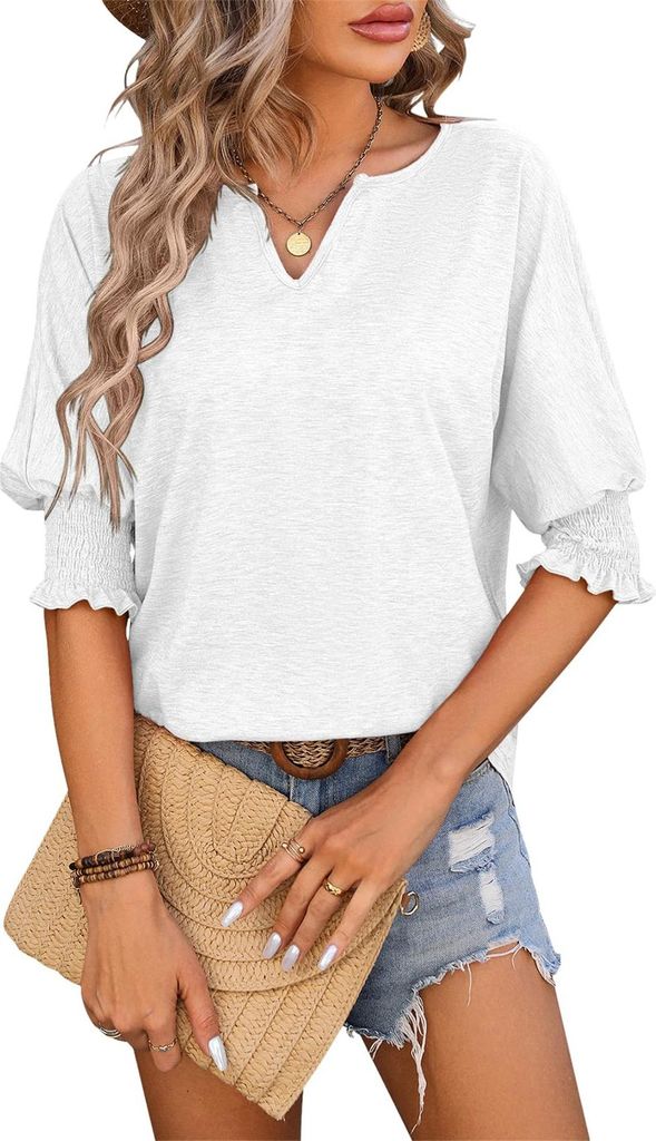 ASKSA Damen T-Shirt V-Ausschnitt 3/4 aermel Bluse Einfarbig Lose Shirts Fruehling Sommer Tunika Basic Tee Tops Oberteile (Weiss,M)