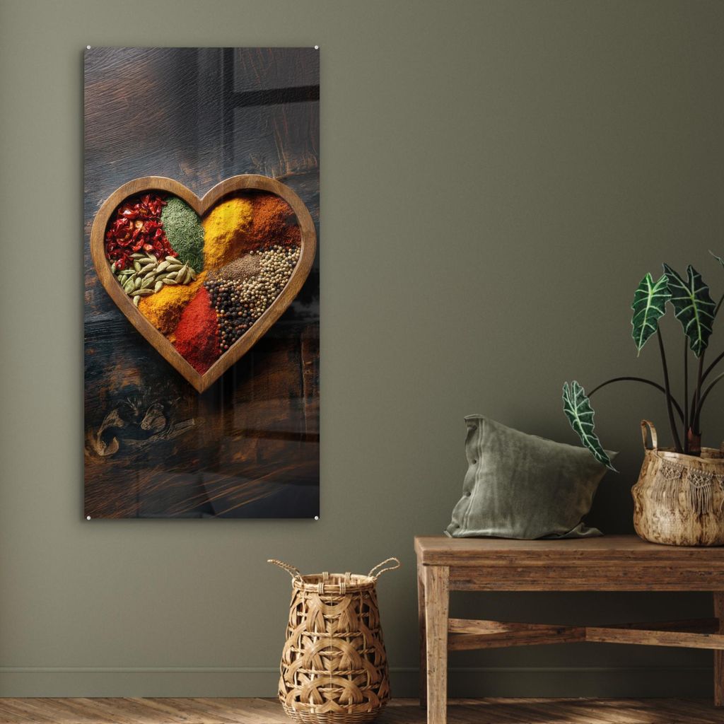 MuchoWow Glasbilder - Bilder auf Wandbild - Foto auf Glas Hölzern - Herz - Bunt - Gewürze 60x120 cm Wanddekoration aus Glas - Acrylglasbild - Acr...