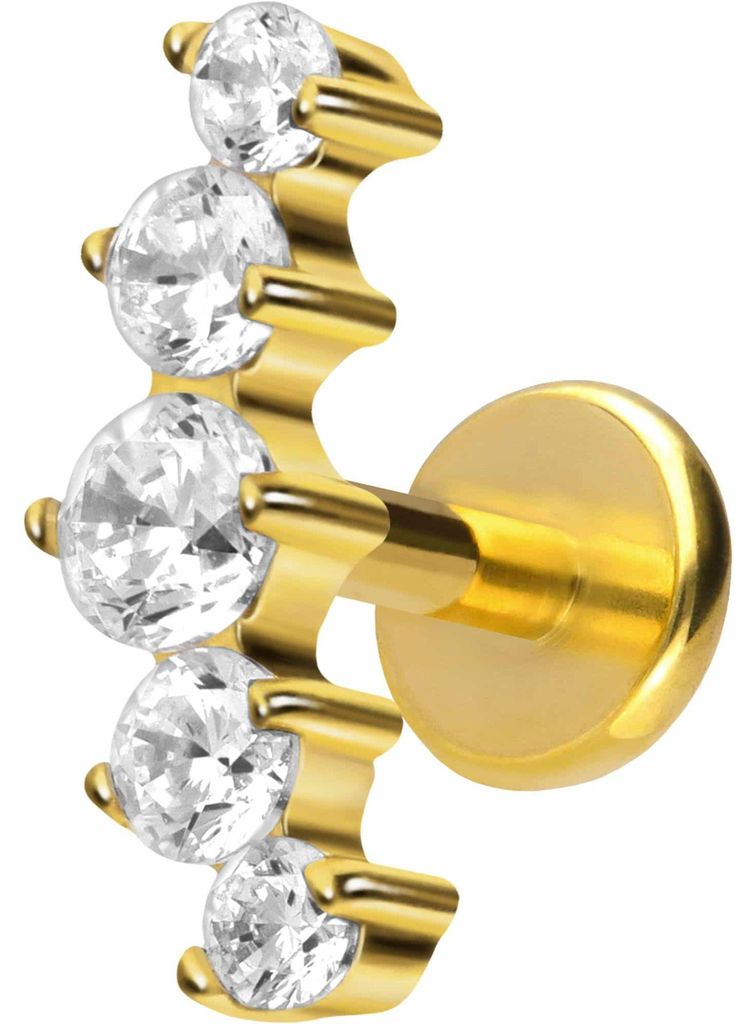 Ohrpiercing, Nasenpiercing Titan Labret mit Push Fit 5 EINGEFASSTE KRISTALLE Gold Stablänge: 5mm | Stabstärke: 1mm