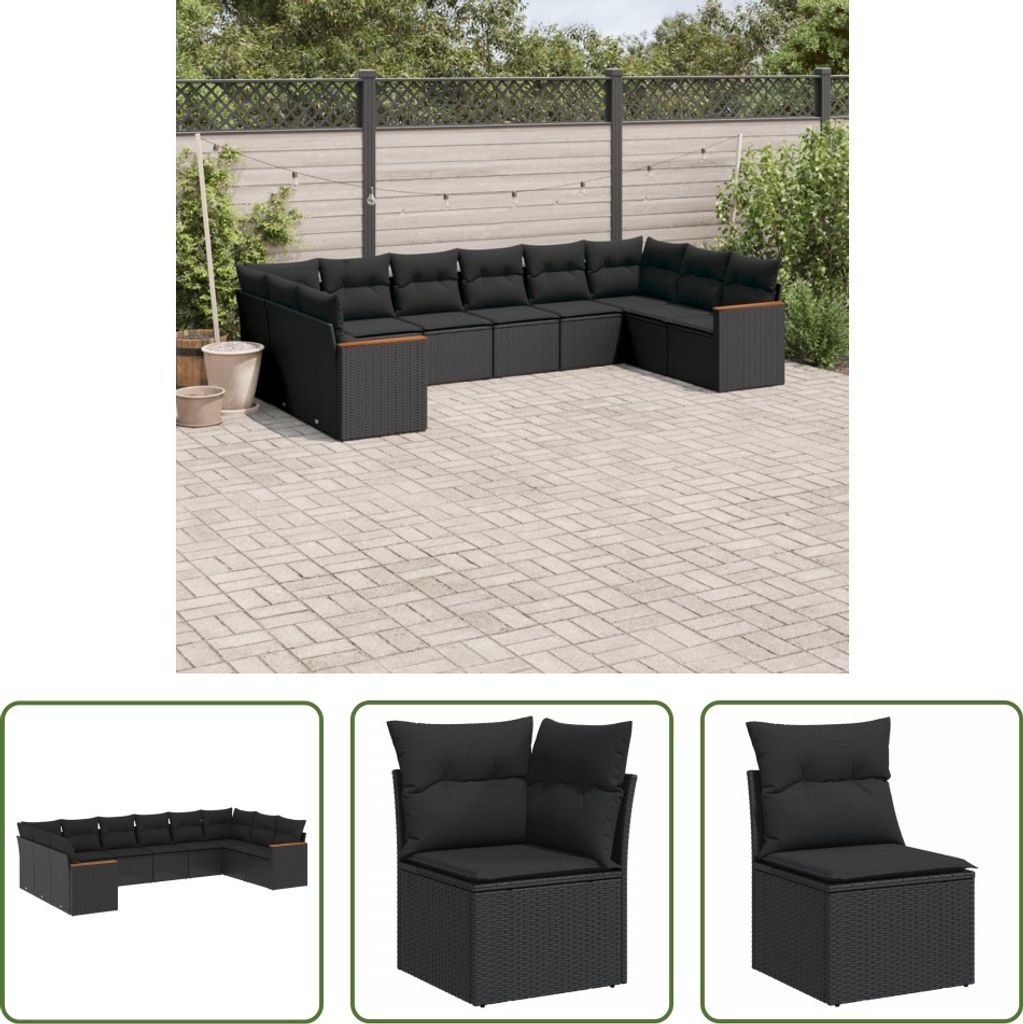 The Living Store 10-tlg. Garten-Sofagarnitur mit Kissen Schwarz Poly Rattan