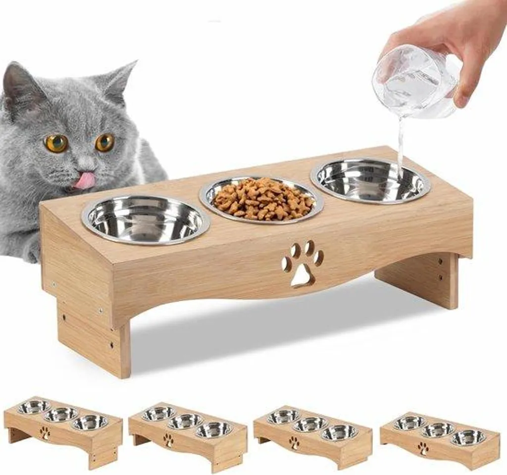 Station de repas triple pour chat - Gamelles inox pour alimentation mixte